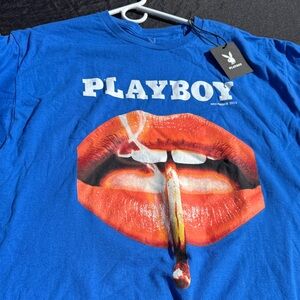 PLAYBOY Blue Tee with Red Lip Graphic